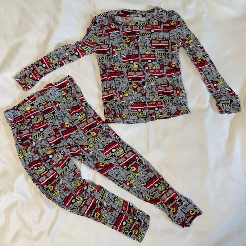 Mick Mack LTD Kids 24M Bamboo Viscose Fire Truck Pajama Set Gray Red 2 Piece